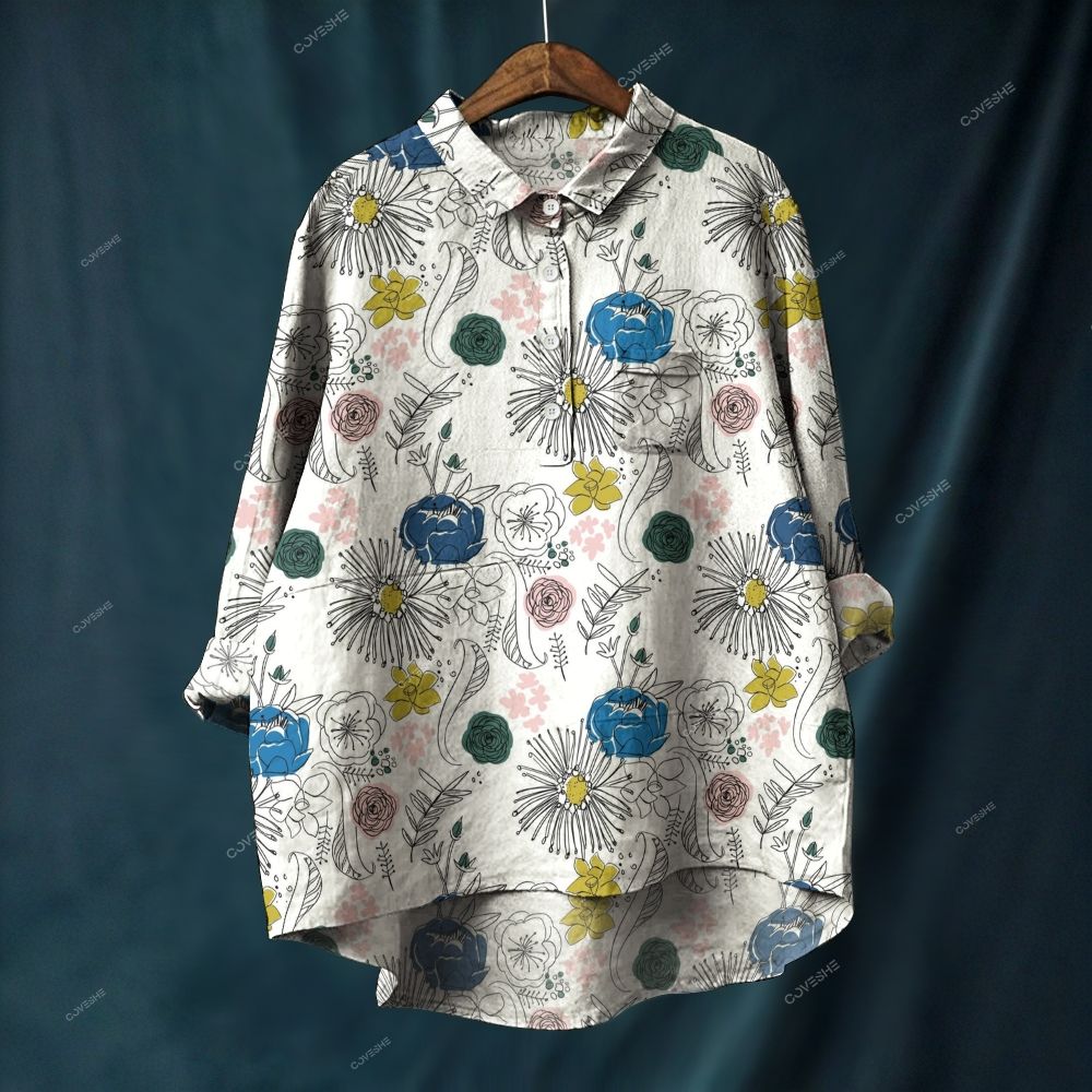 Women's Artistic Flowers Printed Casual Long Sleeve Shirt