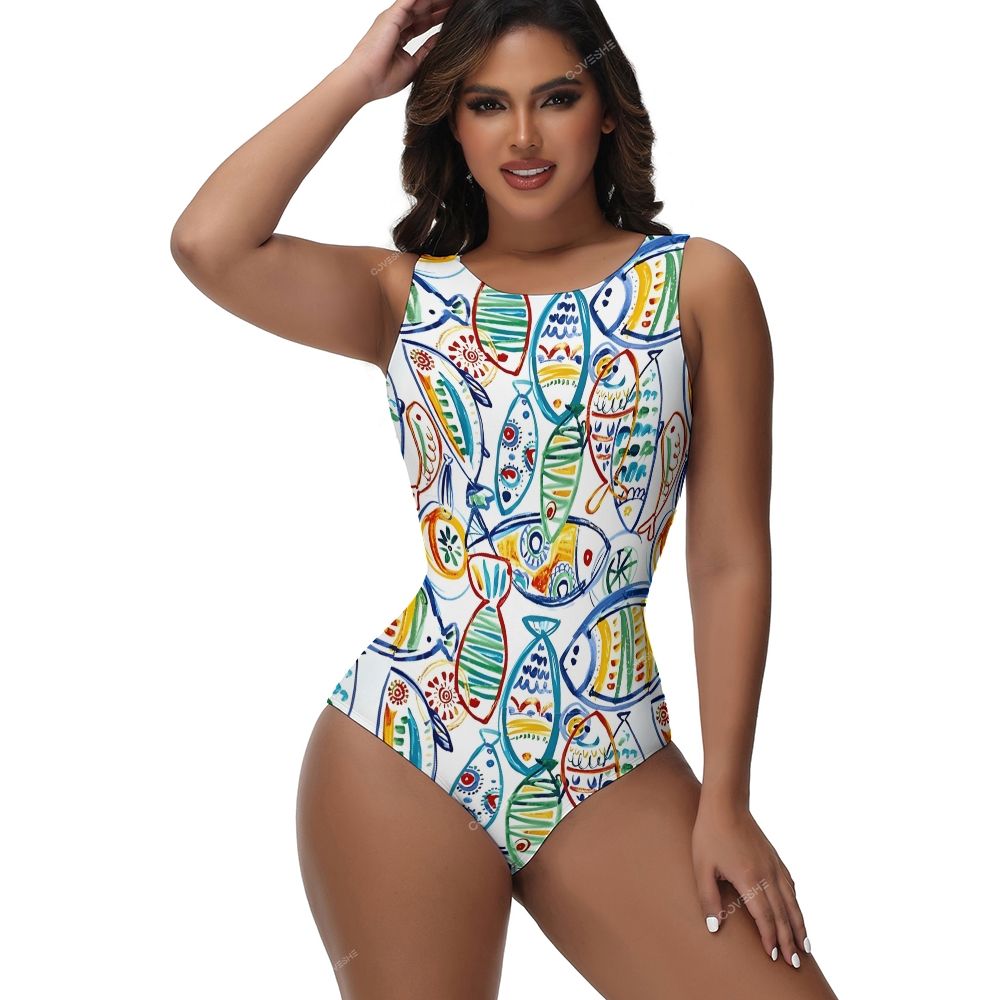 Artistic Colorful Geometric Fish Printed One-Piece Swimsuit and cover up