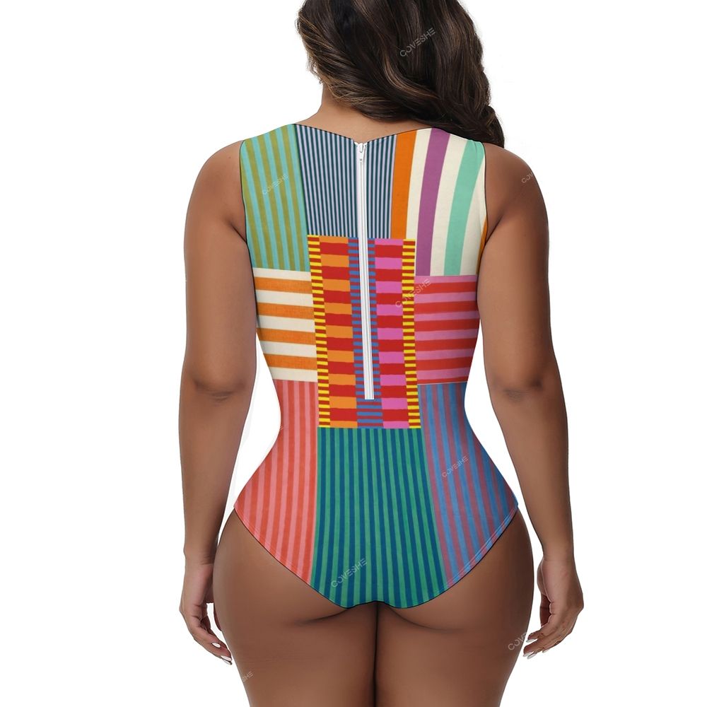 Geometric Stripes Printed One-Piece Swimsuit and cover up