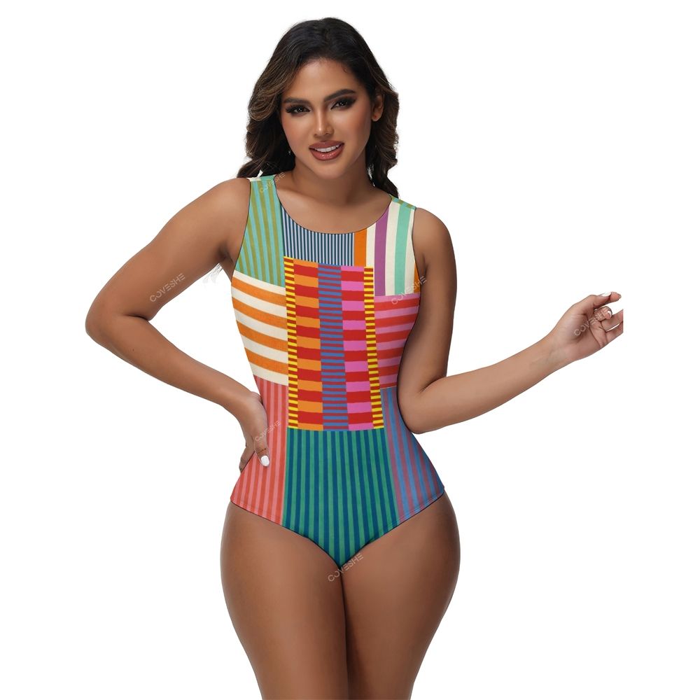 Geometric Stripes Printed One-Piece Swimsuit and cover up
