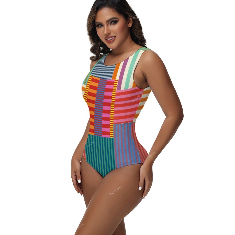 Geometric Stripes Printed One-Piece Swimsuit and cover up