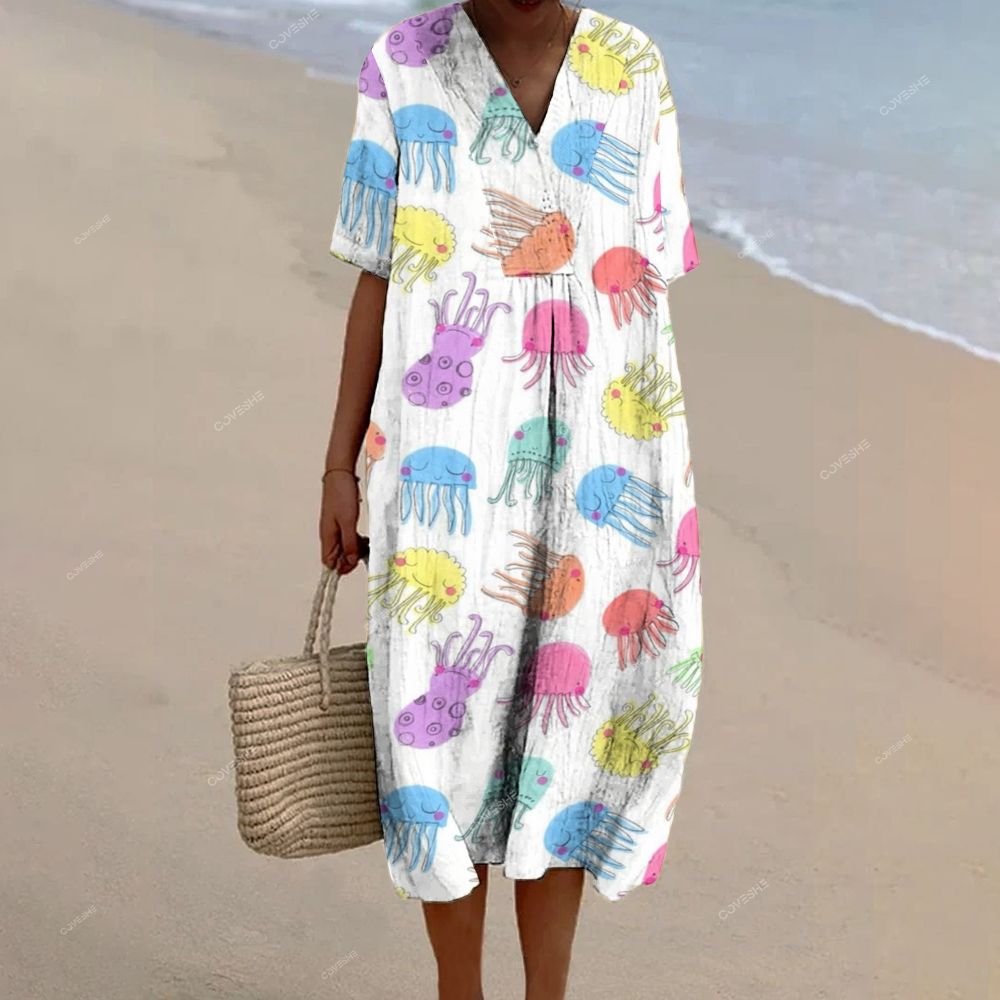 Women's Colorful Cartoon Jellyfish Printed Flowy Dress