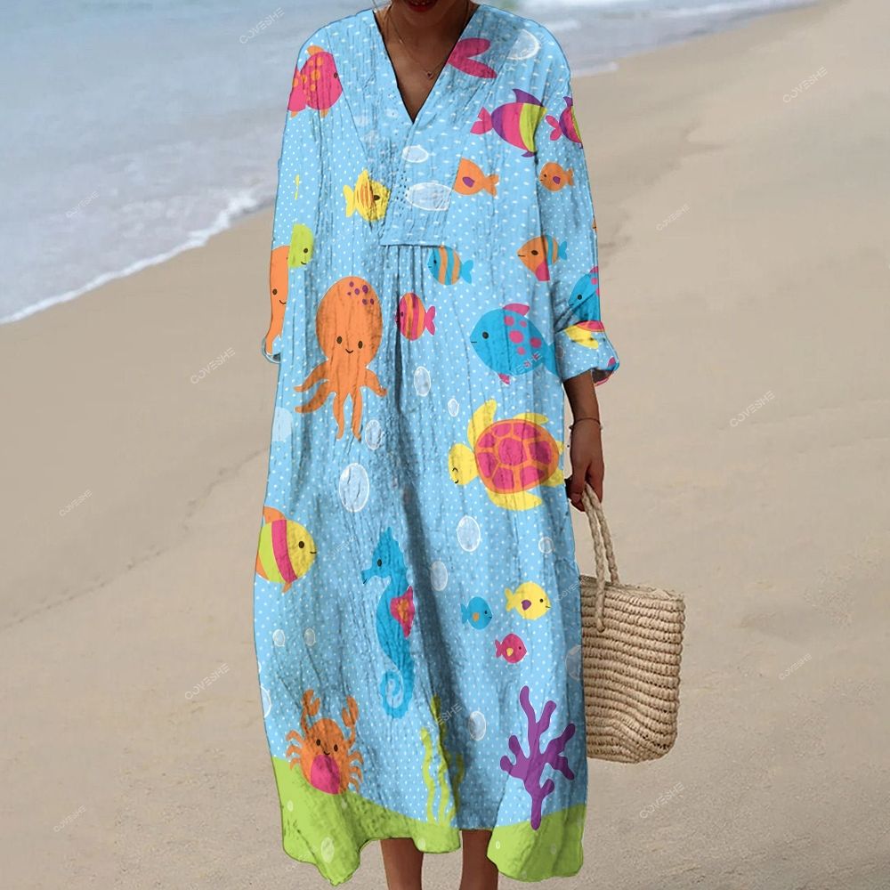 Women's Colorful Cartoon Fish Octopus Printed Maxi Dress