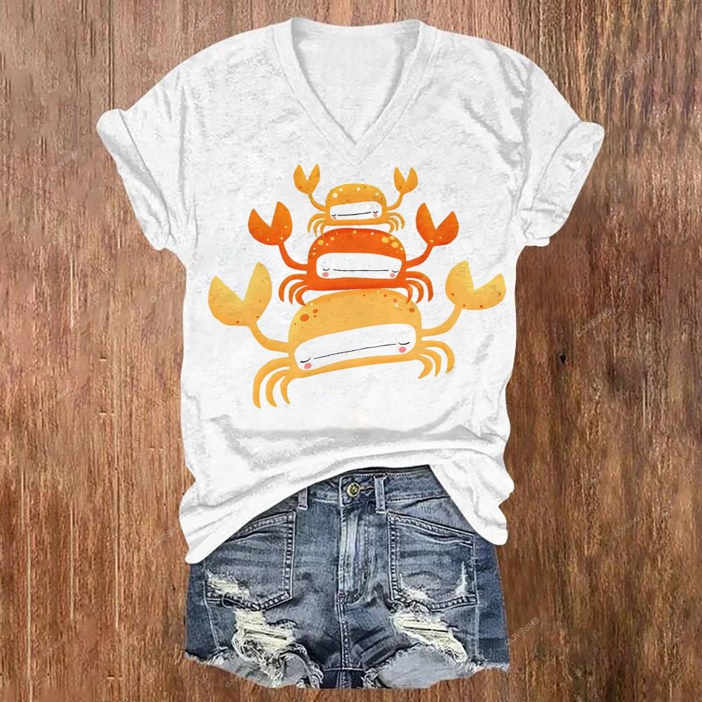 Women's V-neck Cartoon Orange Crab Printed Short Sleeve T-shirt