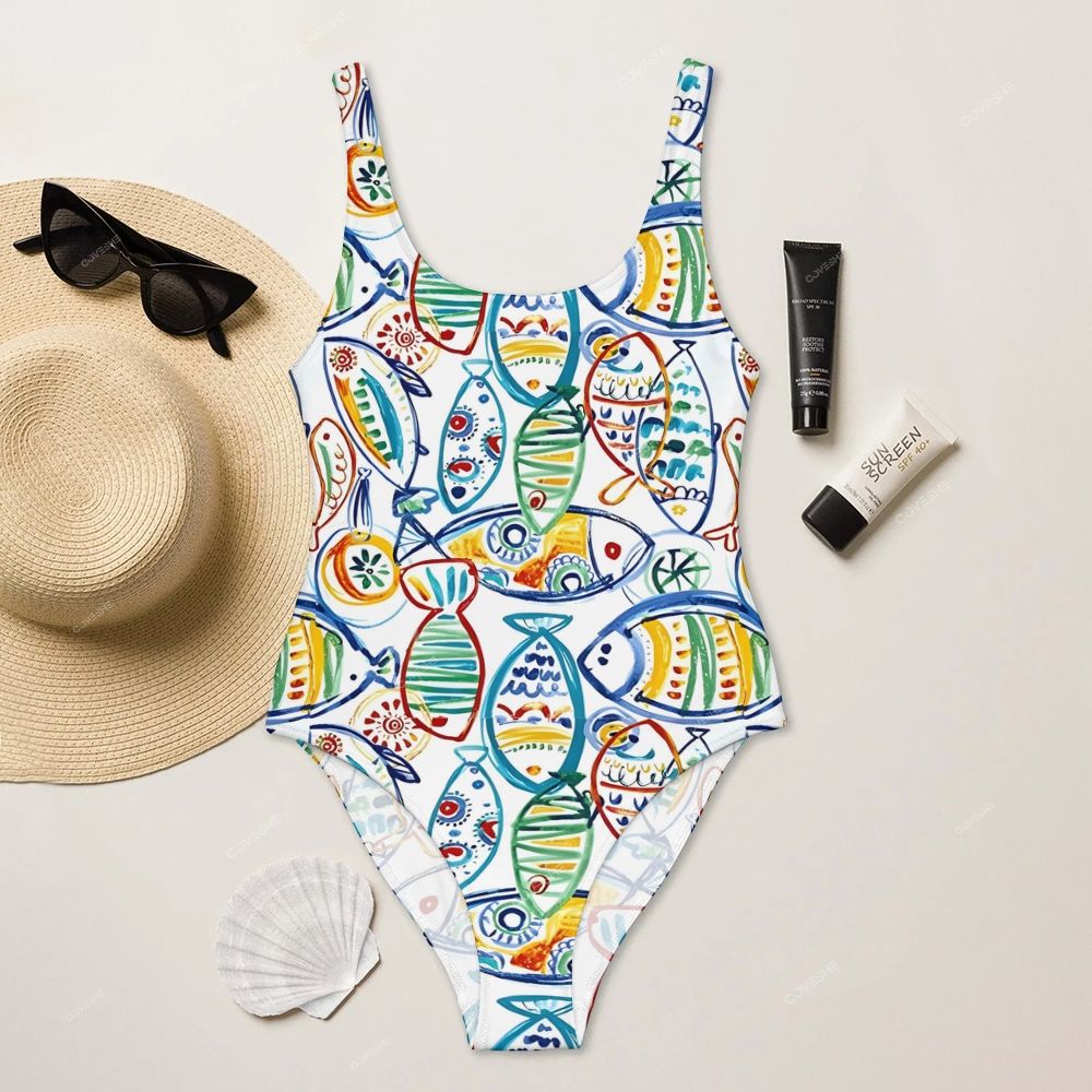 Artistic Colorful Geometric Fish Printed One Piece Swimsuit