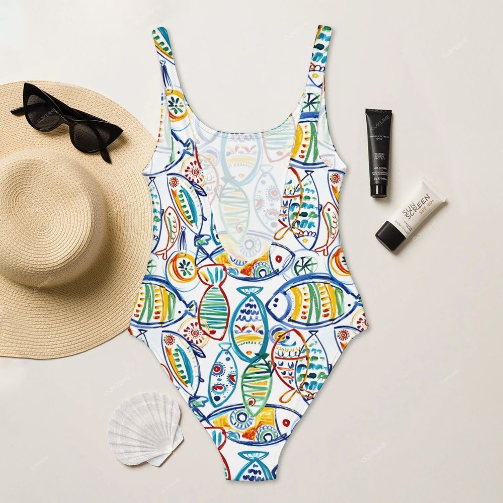 Artistic Colorful Geometric Fish Printed One Piece Swimsuit