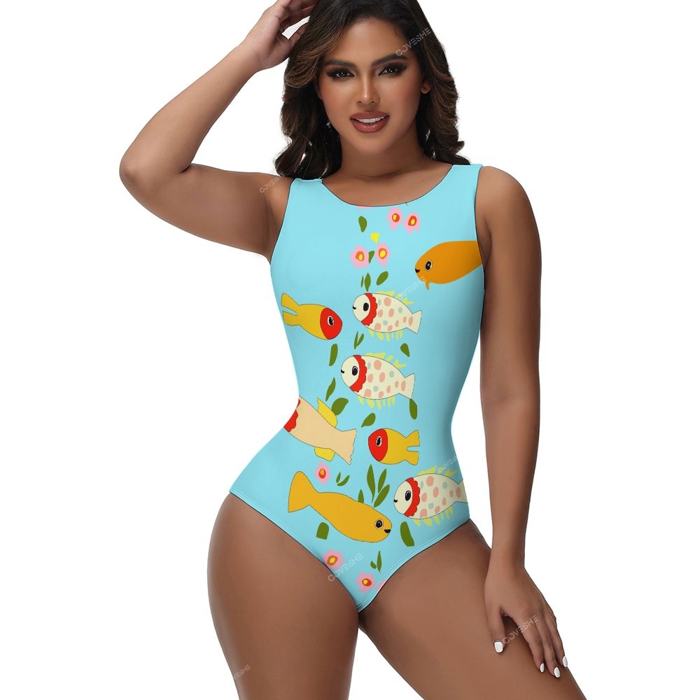 Colorful Flower Cartoon Fish Printed One-Piece Swimsuit