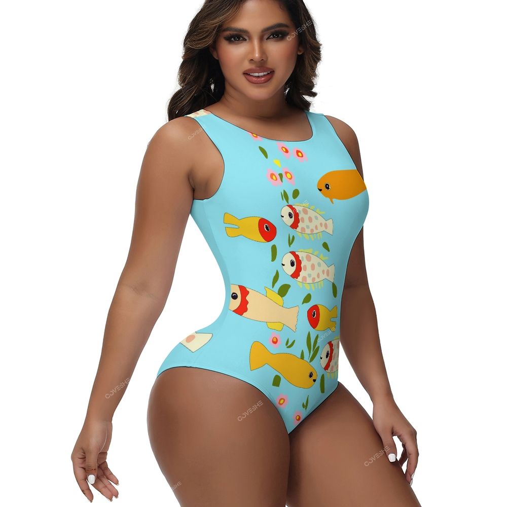 Colorful Flower Cartoon Fish Printed One-Piece Swimsuit