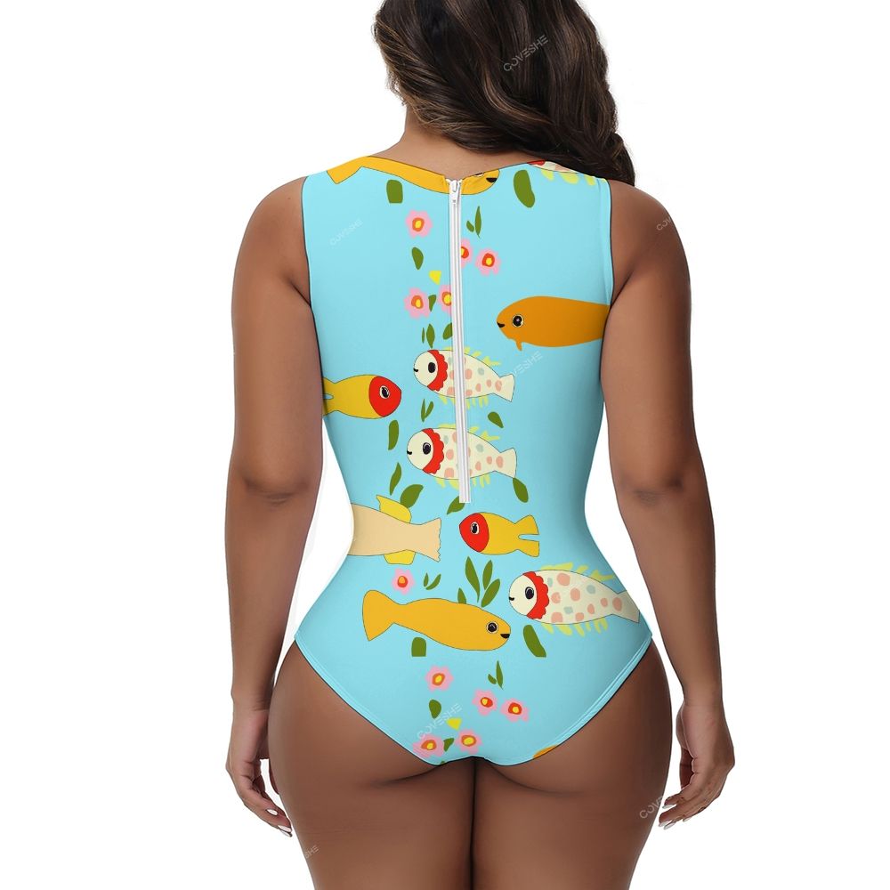 Colorful Flower Cartoon Fish Printed One-Piece Swimsuit