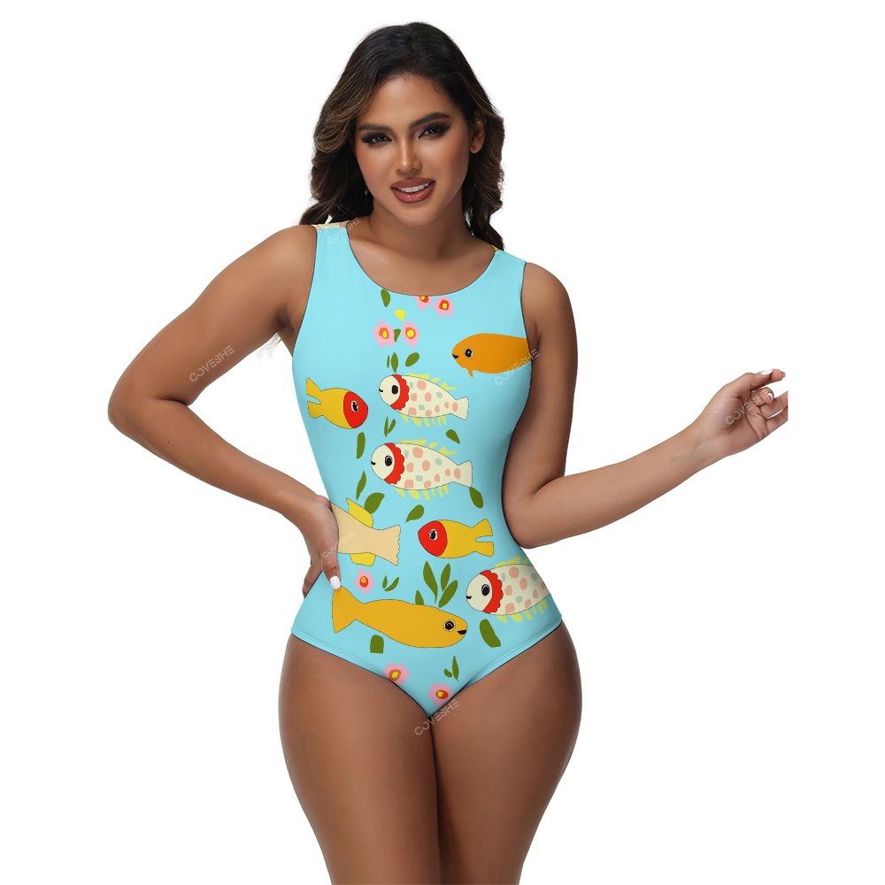 Colorful Flower Cartoon Fish Printed One-Piece Swimsuit