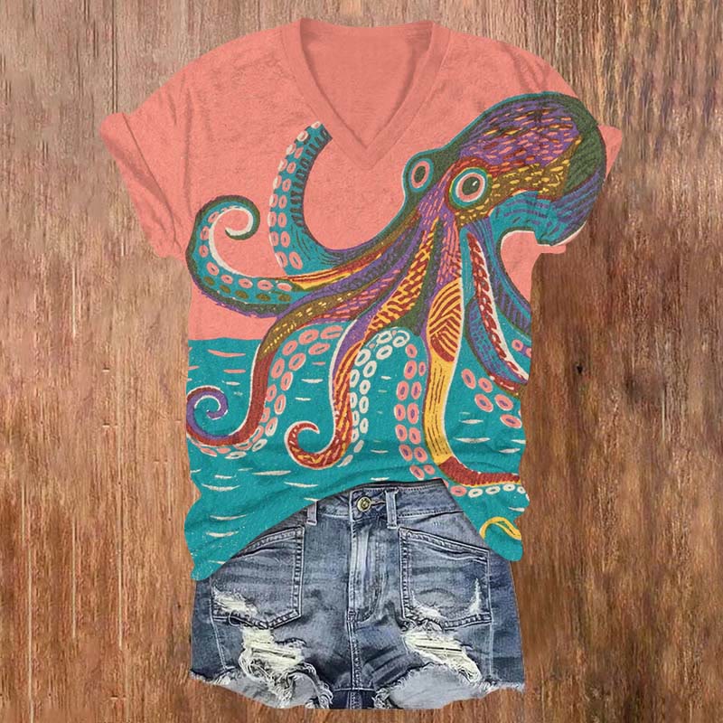 Vintage Contrast Rainbow Octopus Art Print V-neck T-shirt
