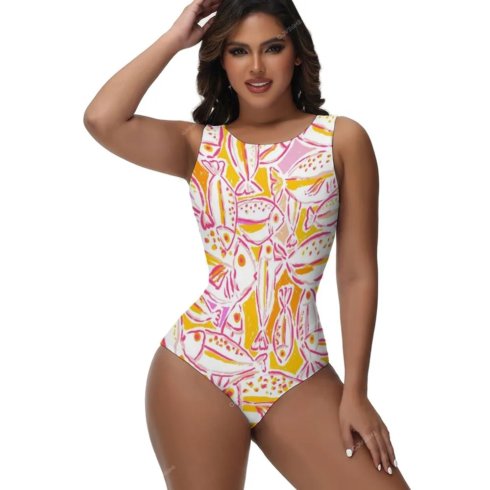 Geometric Fish Printed One Piece Swimsuit