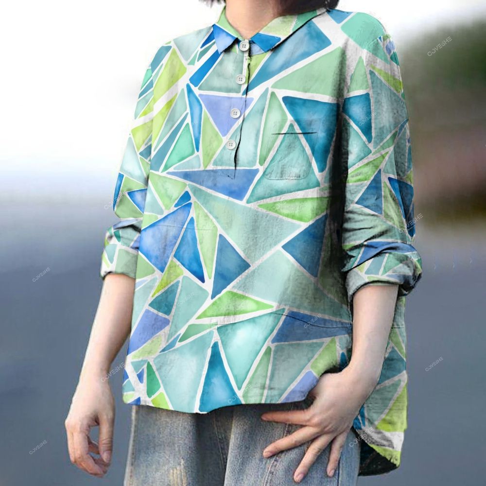 Women's Cold Toned Color Blocks Printed Casual Long Sleeve Shirt
