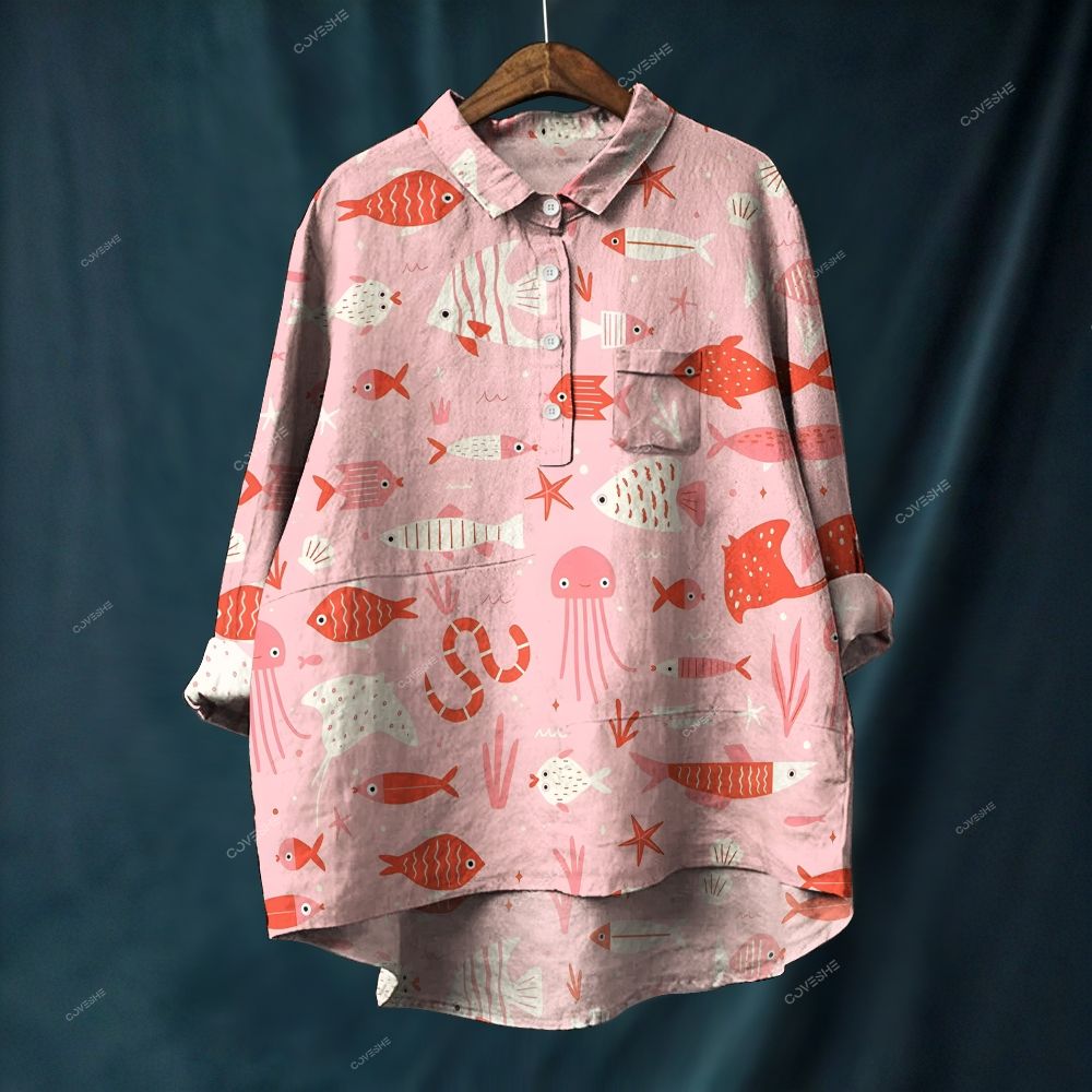 Women's Pink Geometric Fish Printed Flowy Dress