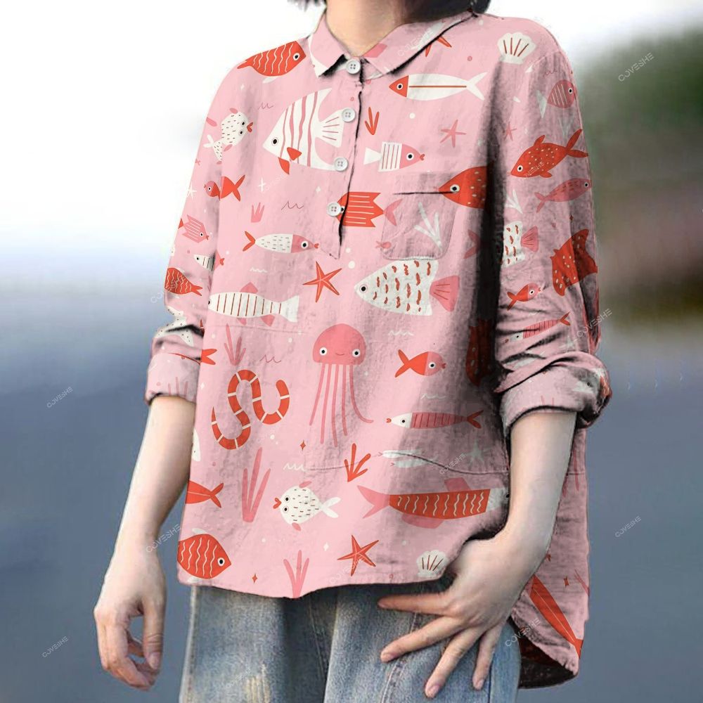 Women's Pink Geometric Fish Printed Casual Long Sleeve Shirt