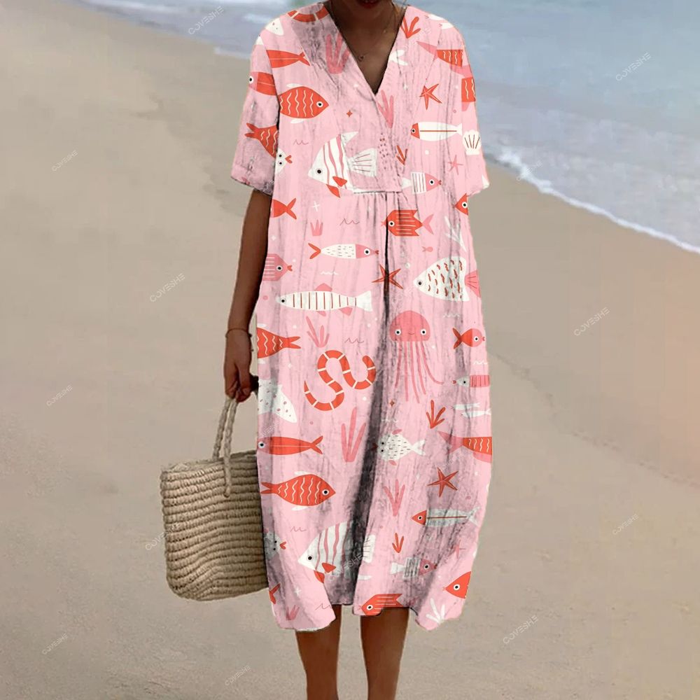 Women's Pink Geometric Fish Printed Flowy Dress