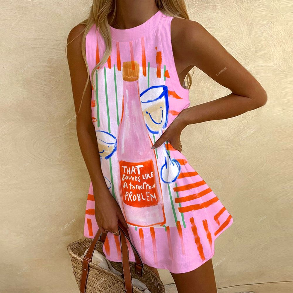 Women's Sleeveless Wine Printed Dress