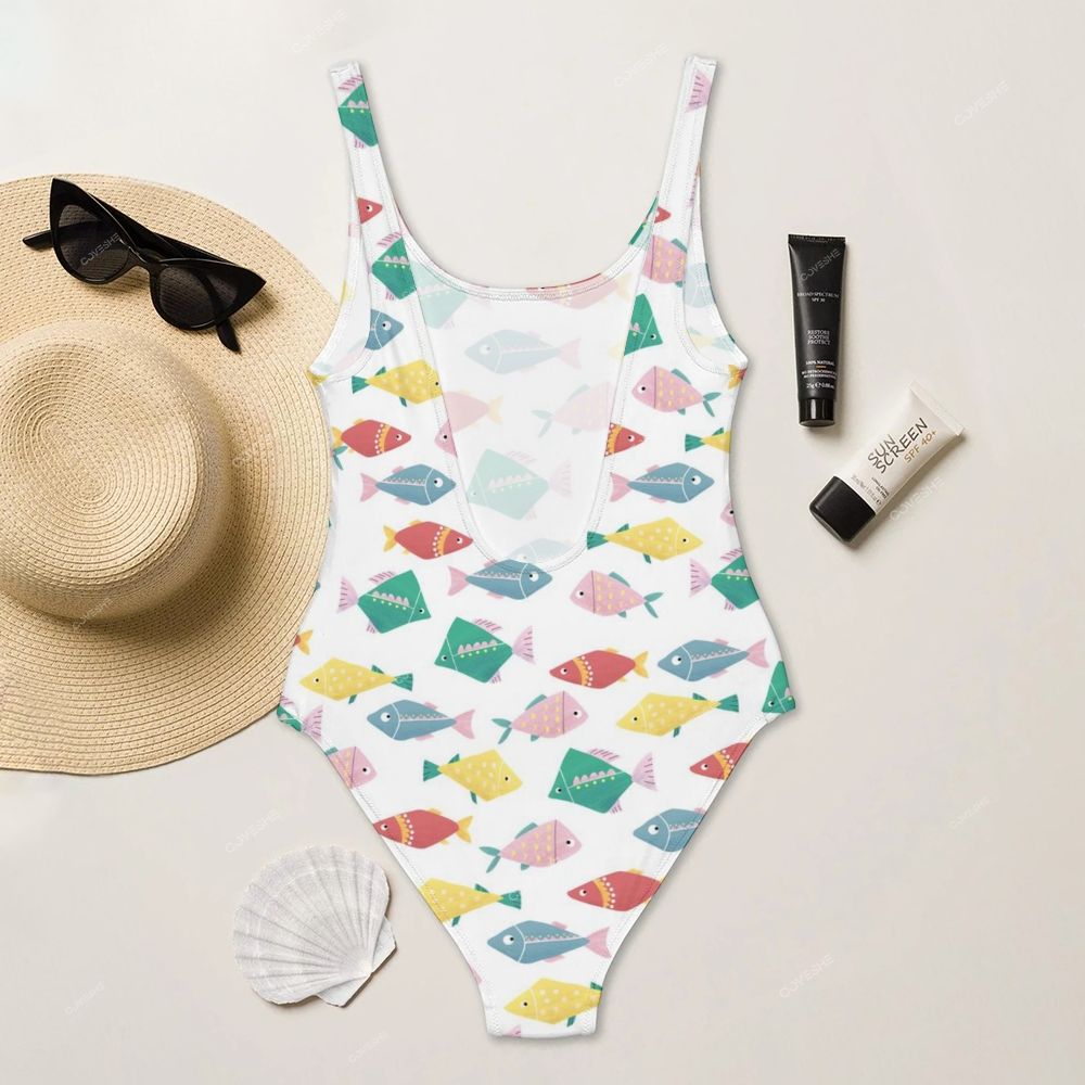 Colorful Cartoon Fish Printed One Piece Swimsuit