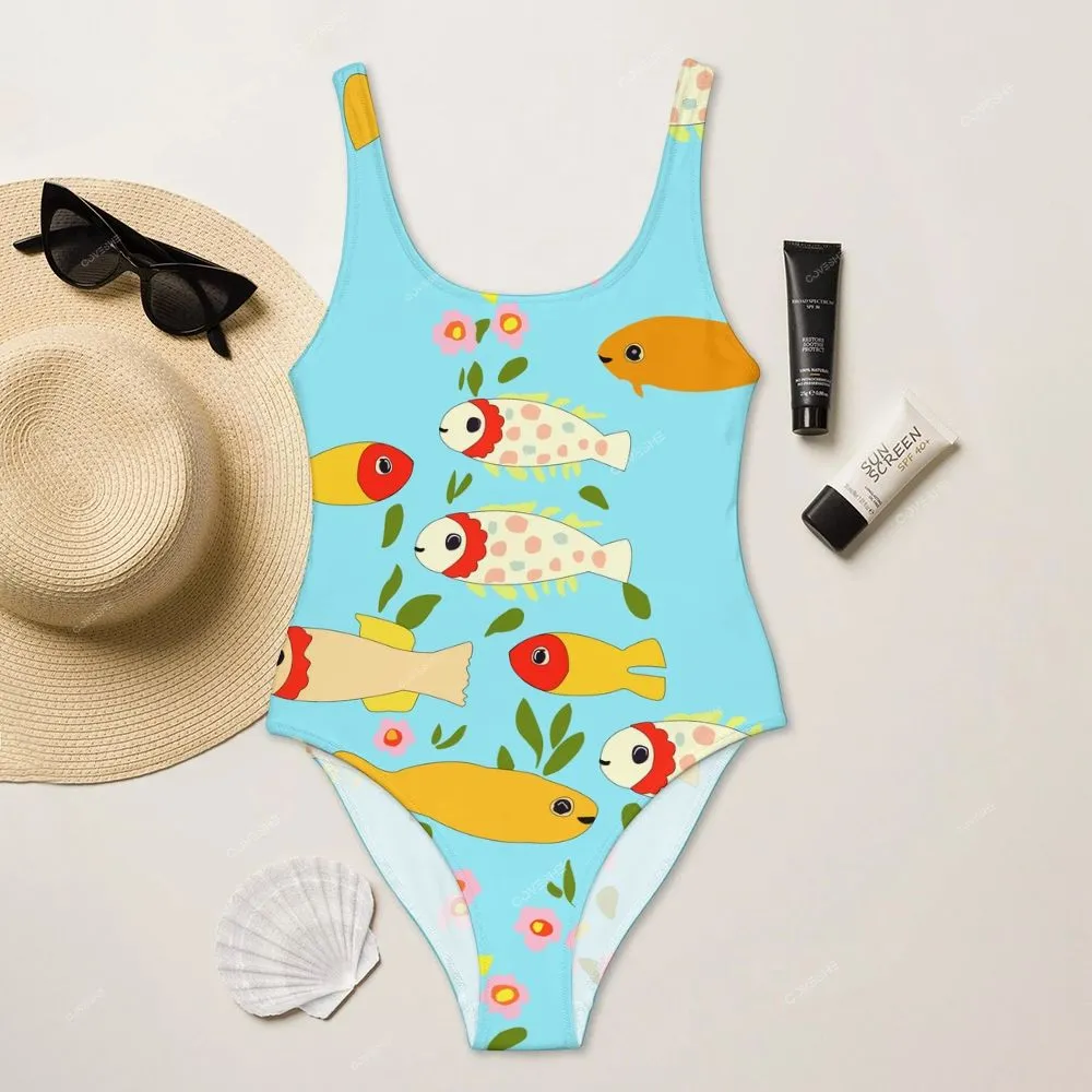 Colorful Flower Cartoon Fish Printed One-Piece Swimsuit