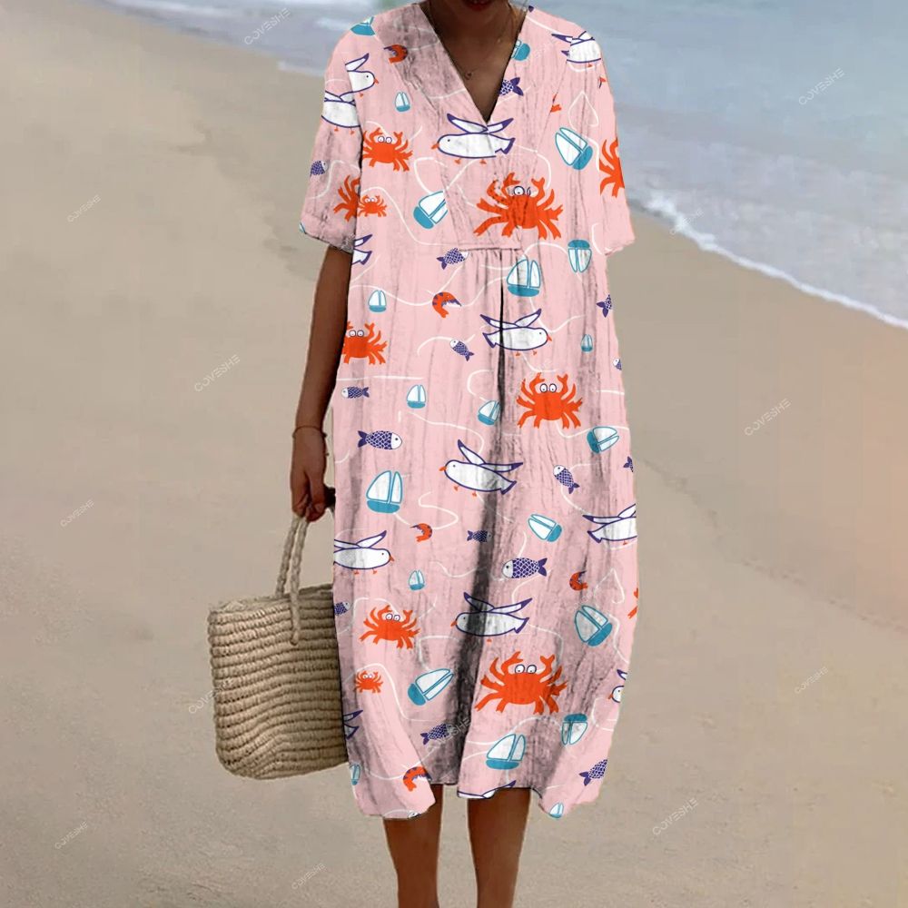 Women's Cartoon Crab Fish Printed Flowy Dress