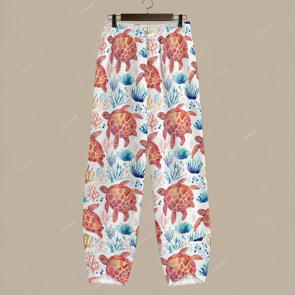 Women's Casual Coral Turtle Printed Pants