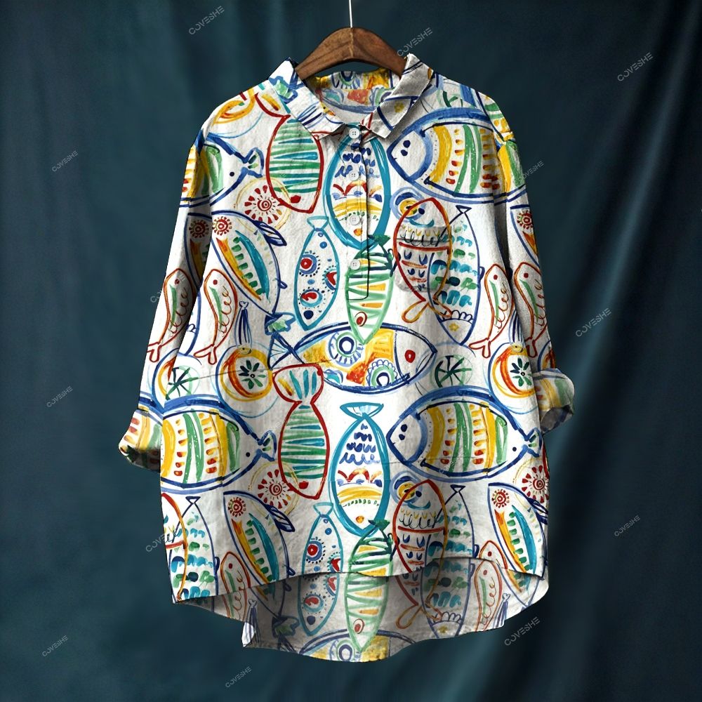 Women's Colorful Art Geometric Fish Printed Casual Long Sleeve Shirt