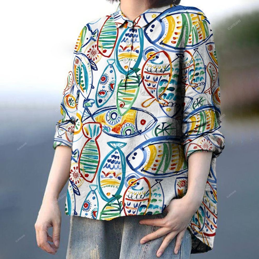 Women's Colorful Art Geometric Fish Printed Casual Long Sleeve Shirt
