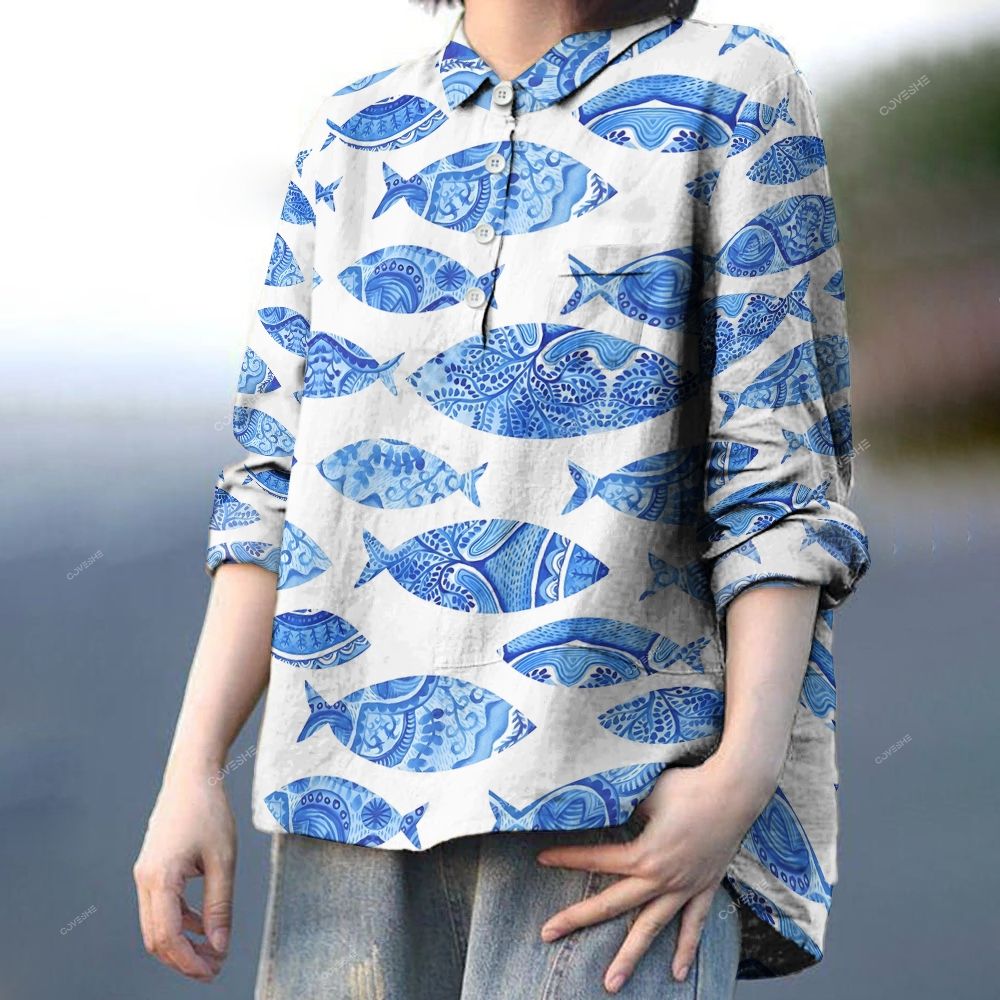 Women's Retro Fish Printed Casual Long Sleeve Shirt