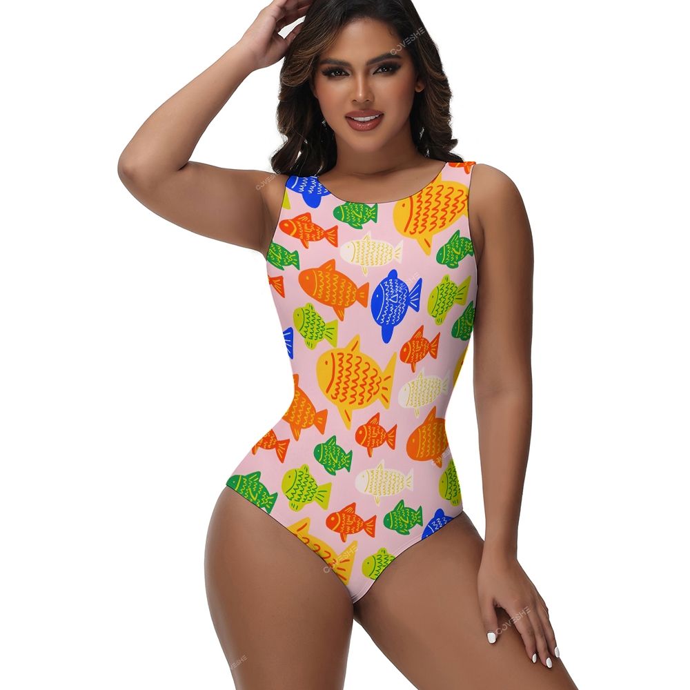 Colorful Cartoon Fish Printed One-Piece Swimsuit