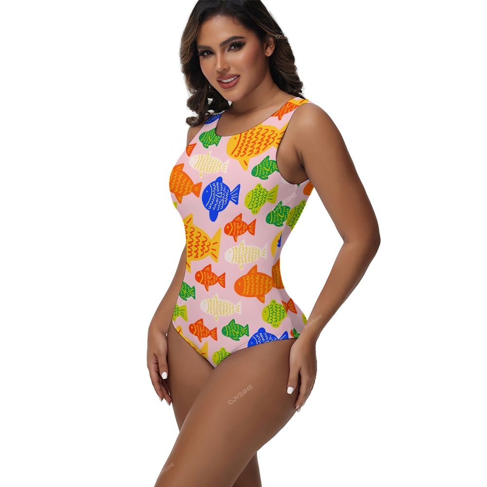Colorful Cartoon Fish Printed One-Piece Swimsuit