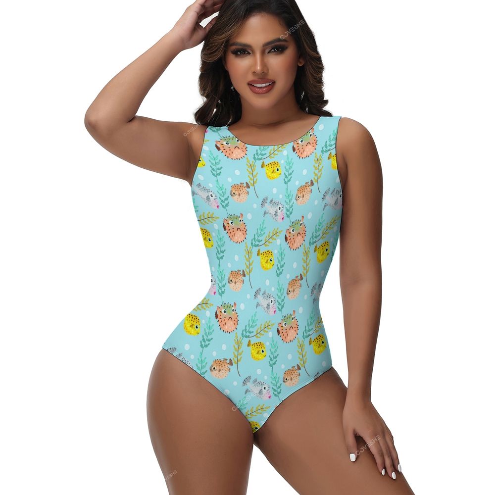Colorful Cartoon Fish Printed One-Piece Swimsuit
