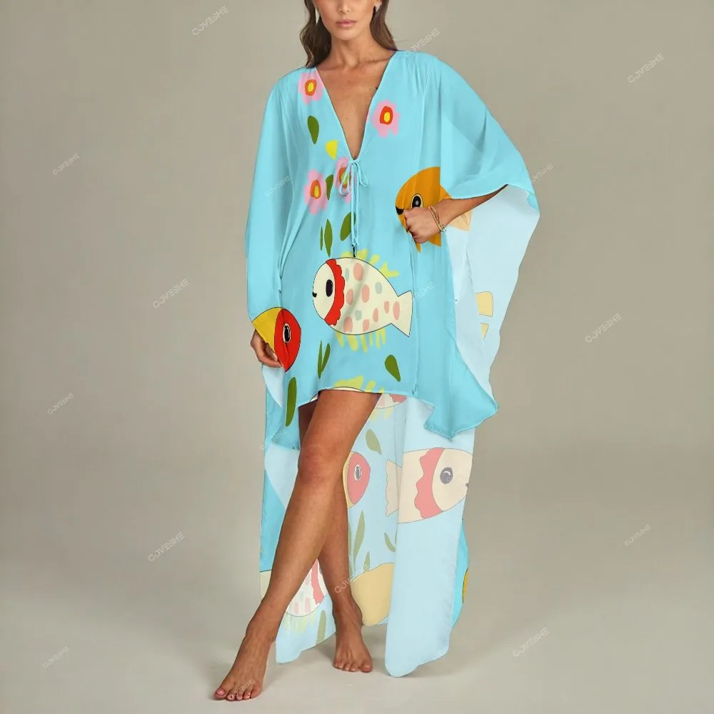 Women's Vintage Abstract Cute Fish and Flowers Art Print Dress