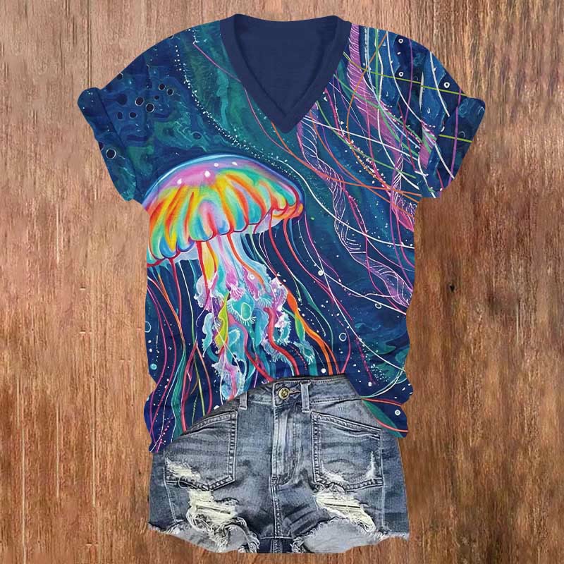 Fantasy Rainbow Jellyfish In The Sea Art Print V-neck T-shirt