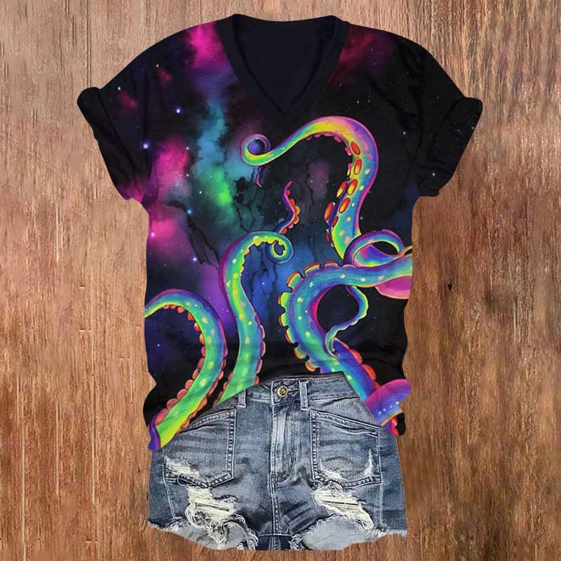 Starry Sky Fantasy Rainbow Octopus Tentacles Art Print V-neck T-shirt