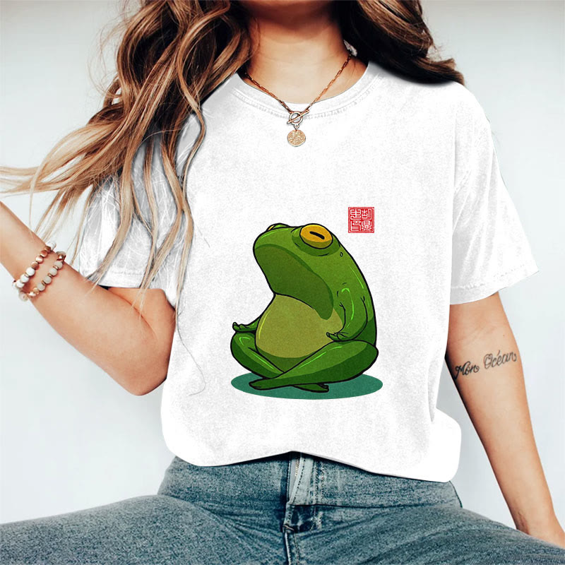 100% Cotton Frog Meditation Art Print Casual T-shirt