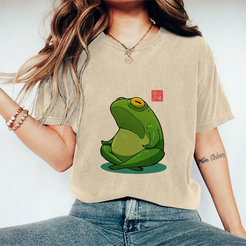 100% Cotton Frog Meditation Art Print Casual T-shirt