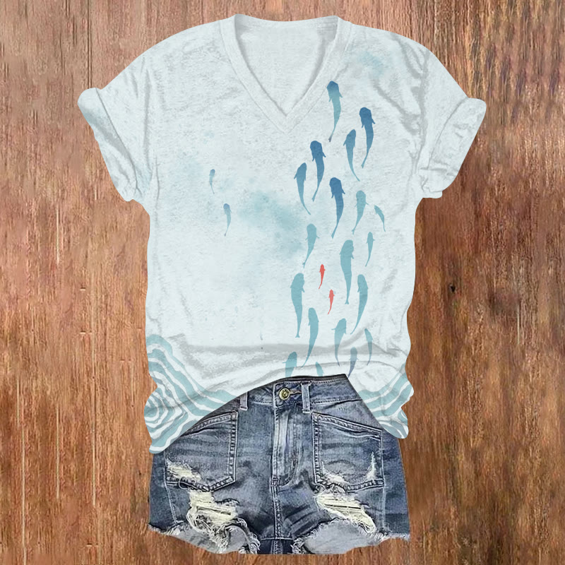 Lovely Mini Sharks Art Print V-neck T-shirt