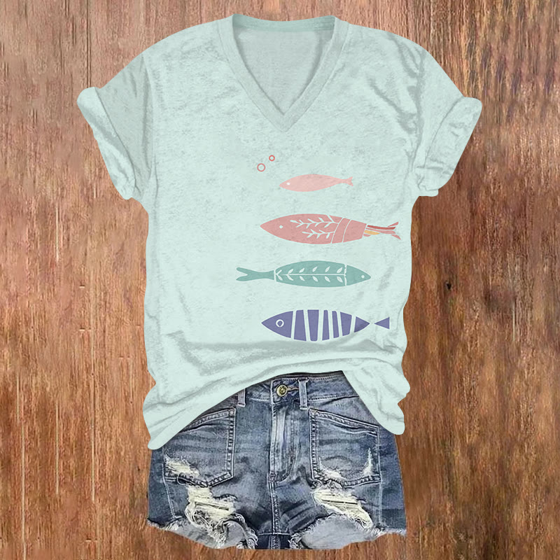 Vintage Funny Hand-drawn Fish Art Print V-neck T-shirt