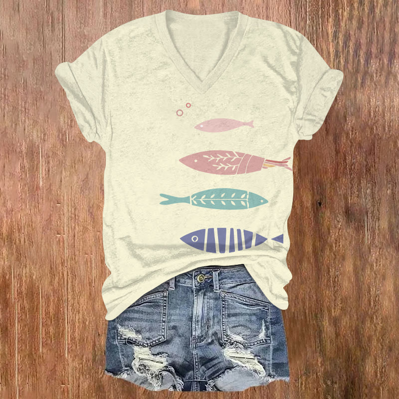 Vintage Funny Hand-drawn Fish Art Print V-neck T-shirt