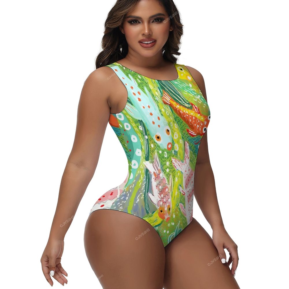 Colorful Cartoon Fish Printed One-Piece Swimsuit