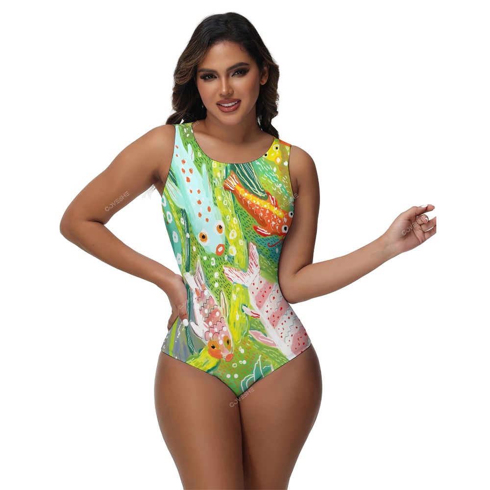 Colorful Cartoon Fish Printed One-Piece Swimsuit