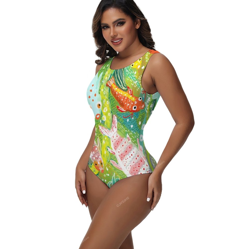 Colorful Cartoon Fish Printed One-Piece Swimsuit