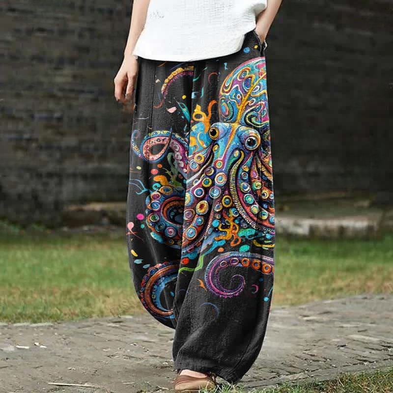 Vintage Rainbow Octopus Art Print Casual Pants