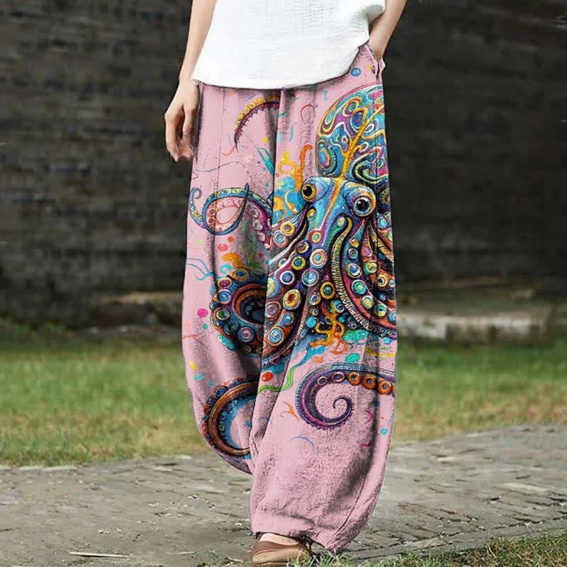 Vintage Rainbow Octopus Art Print Casual Pants