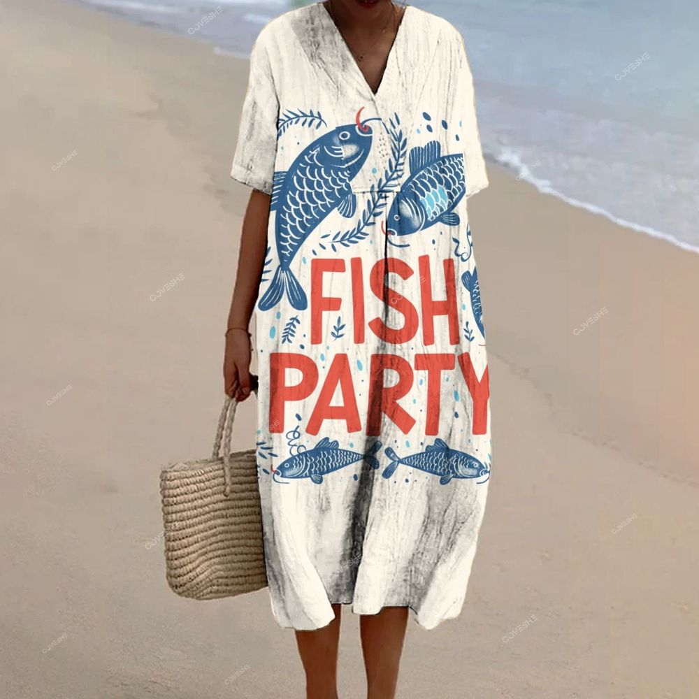 Women's Fish Party Printed Flowy Dress