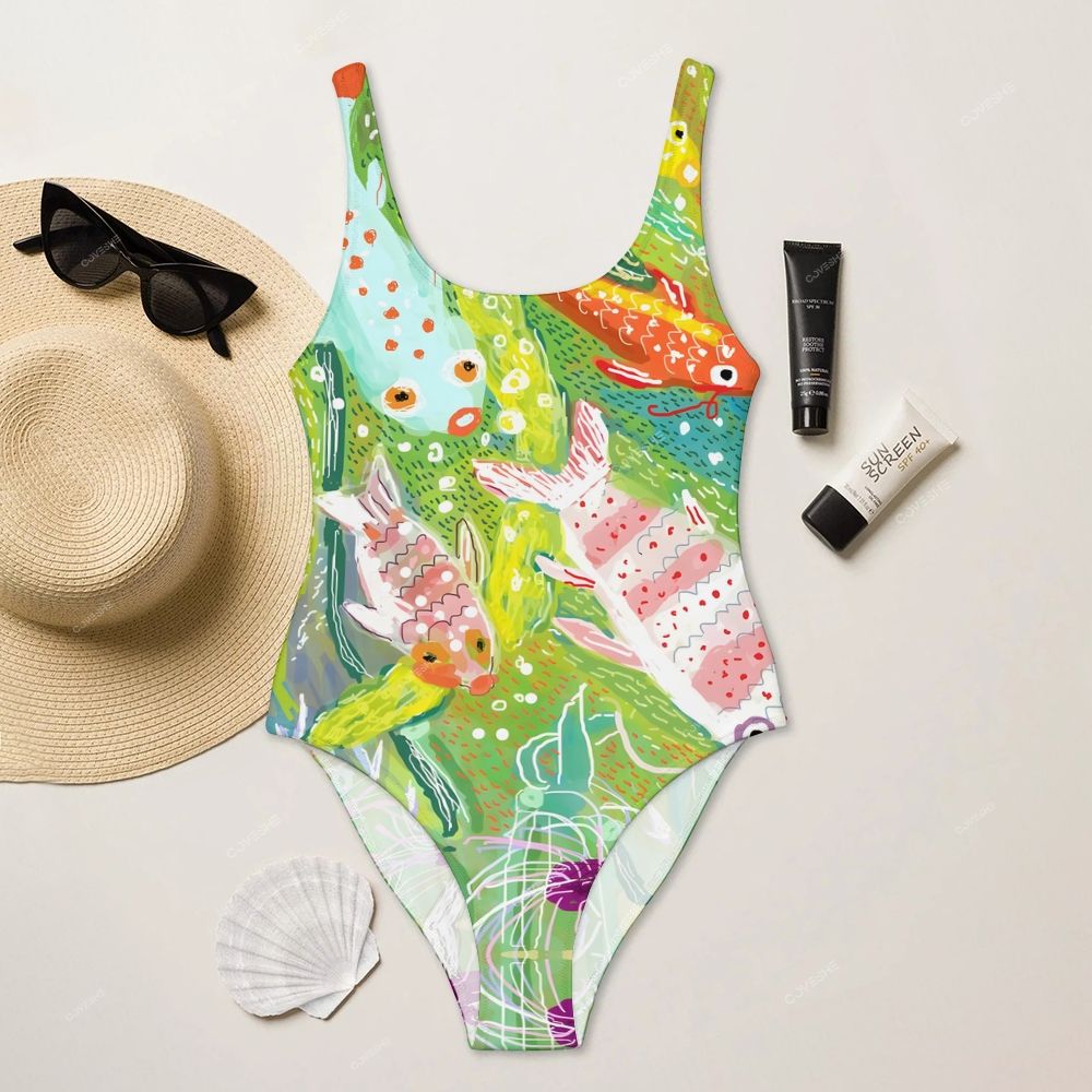 Colorful Cartoon Fish Printed One-Piece Swimsuit