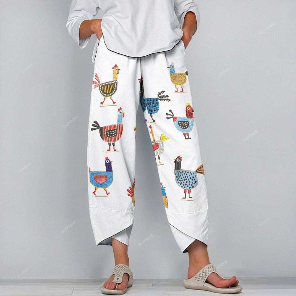 Women's Casual Artistic Colorful Chicken Printed Pants