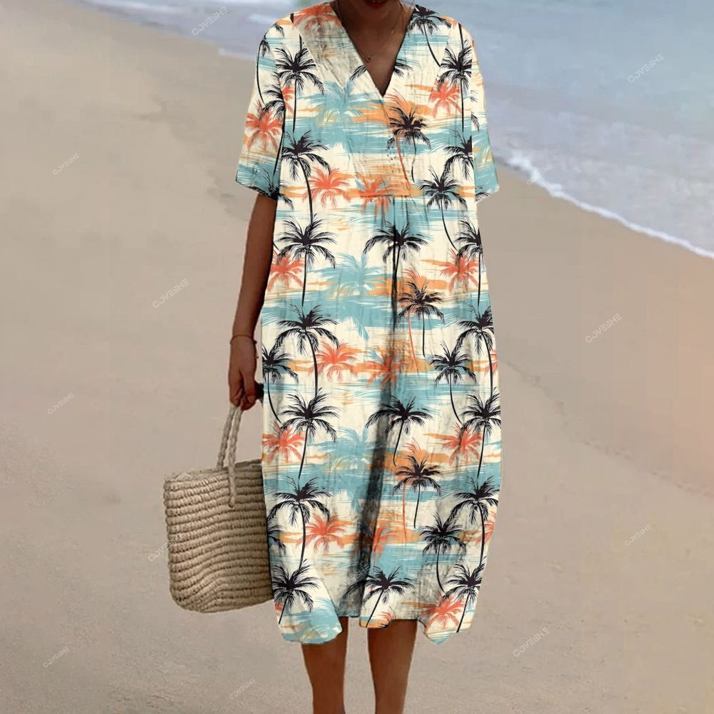 Women's Coconut Tree Printed Flowy Dress