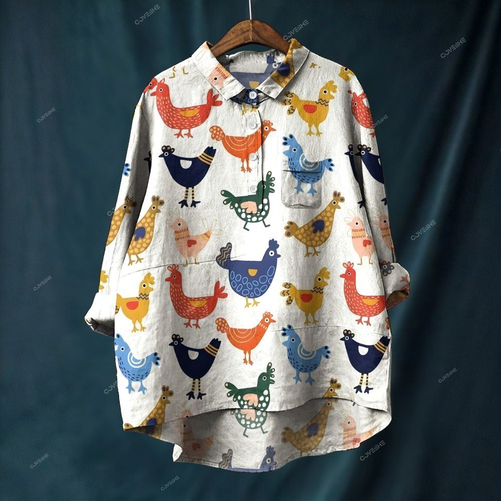 Women's Cartoon Art Chicken Printed Casual Long Sleeve Shirt