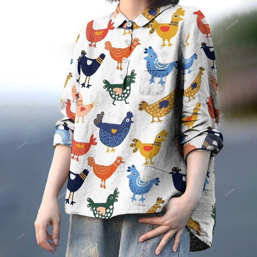 Women's Cartoon Art Chicken Printed Casual Long Sleeve Shirt